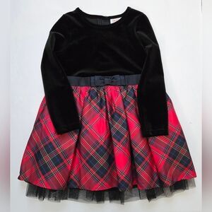 Cat & Jack Girls Holiday Dress 3T Black LS Velvet Top Tartan Plaid Lined Skirt